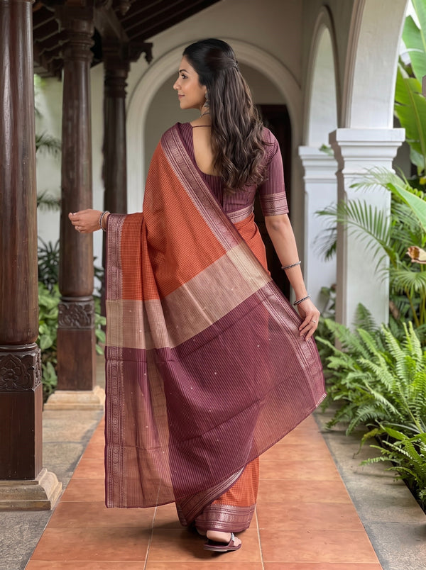 Semi Chanderi Silk Rust Orange Checkered Gold Zari Maroon Border Saree
