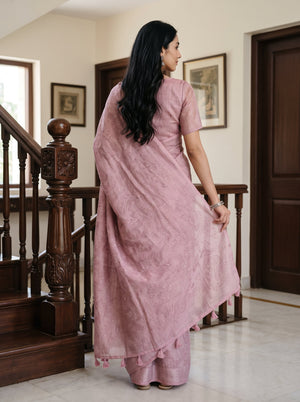 Linen Rose Pink Glitter Shimmer Saree with Self-Tone Swirl Texture and Tassels