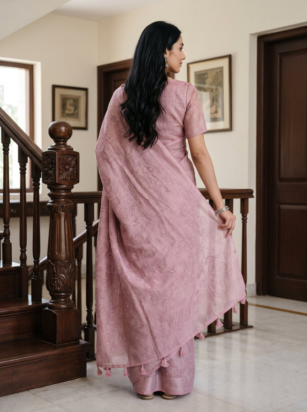 Linen Rose Pink Glitter Shimmer Saree with Self-Tone Swirl Texture and Tassels