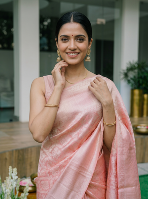 Kanjivaram Tissue Silk Peach Pink Saree with All-Over Floral Jaal Weave & Wide Border