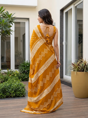 Synthetic Mustard Yellow Square Dot Print Saree