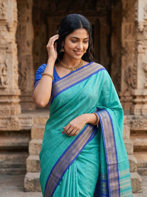 Semi Silk Sea Green Contrast Blue Zari Saree