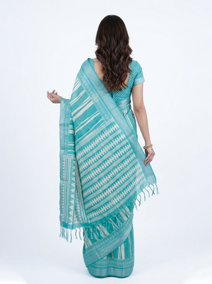 Soft Cotton Turquoise Blue Striped Print Saree with Tribal Border