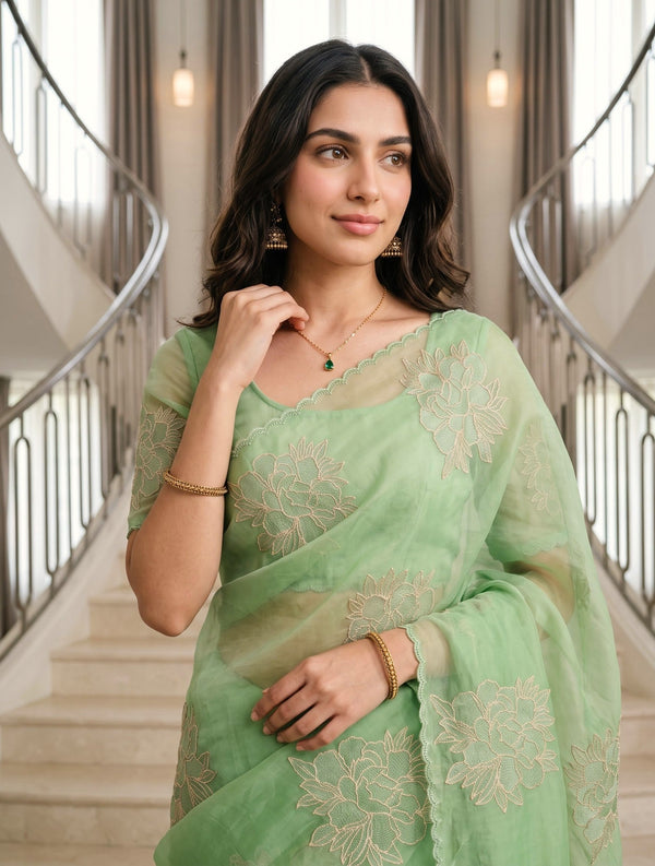 Organza Green Saree with Golden Outlined Peony Embroidery