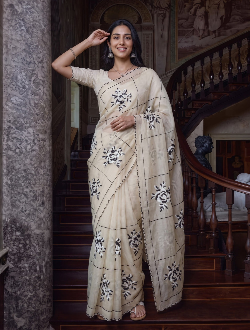 Organza Chiku Saree with Black Checkered Rose Sequin Print