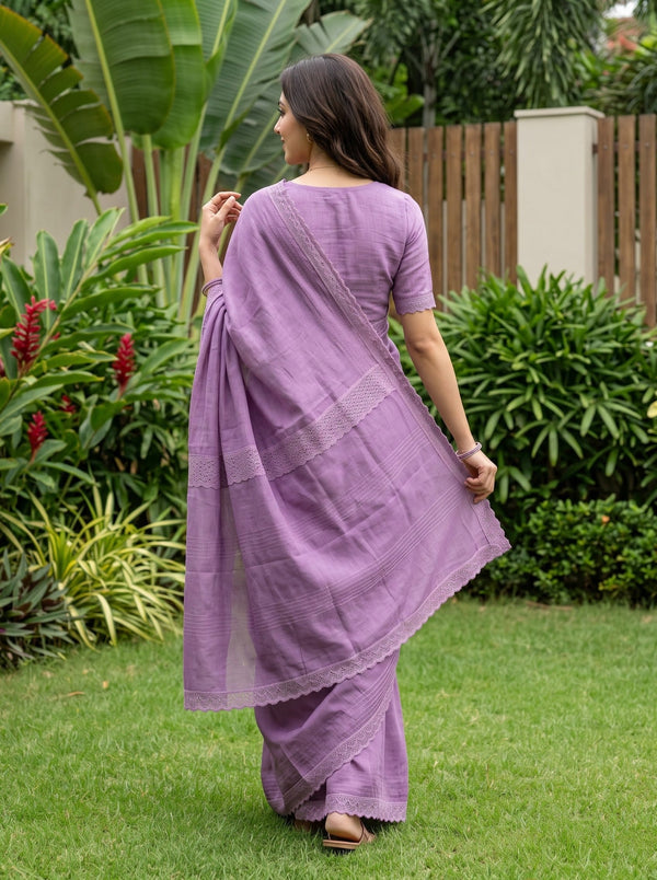 Cotton Linen Lavender Purple Saree with Lace Border and Horizontal Stripe Details in pallu