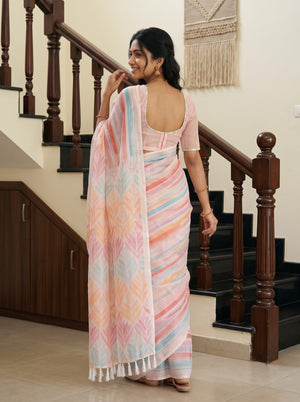 Cotton White Saree with Watercolor Leaf Trellis Print