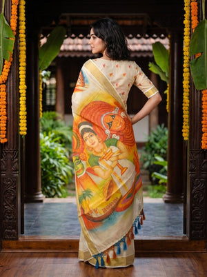 Cotton Cream Kerala Mural Traditional Print Kerala Kasavu Saree