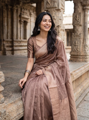 Tussar Silk Brown Saree with Zari Checks and Butta Pallu