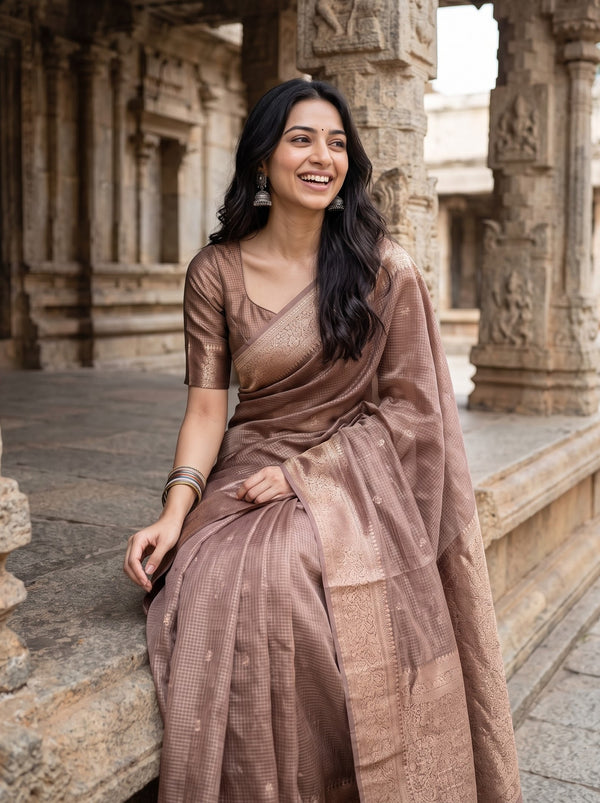 Tussar Silk Brown Saree with Zari Checks and Butta Pallu