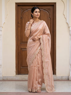 Tissue Peach Saree with Scalloped Sequin Lace Border