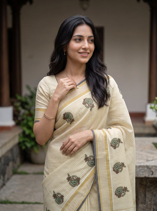 Tissue Cream Kerala Saree with Paisley Motif Print Pallu and Golden Zari Checks