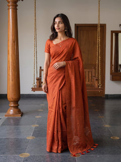 Tusser Silk Rust Orange Paisley Floral Embroidered Saree with Tassels