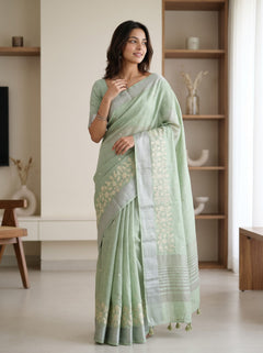 Semi Tussar Sage Green Saree with Cream Floral Vine Border