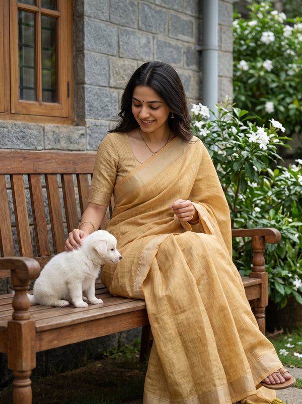 Linen Mustard Yellow Woven Texture Saree with Golden Striped Border and Tassels