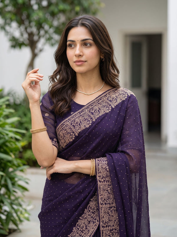 Chiffon Purple Stone Studded Floral Border Saree