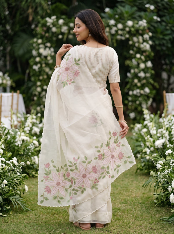 Organza Off-White Beaded Lily Floral Embroidered Saree