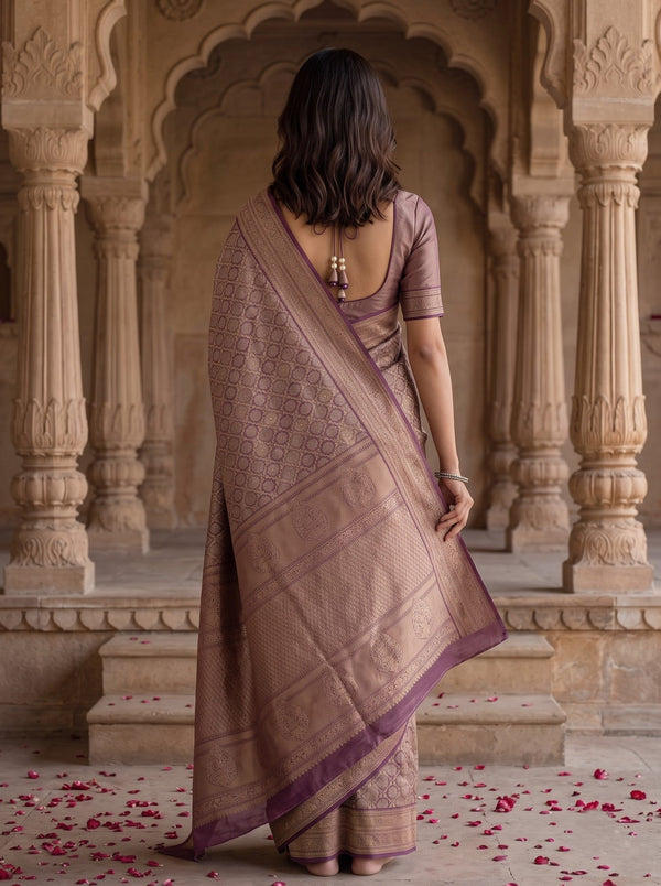 Banarasi Brocade Silk Saree in Purple with Golden Diamond Lattice Design
