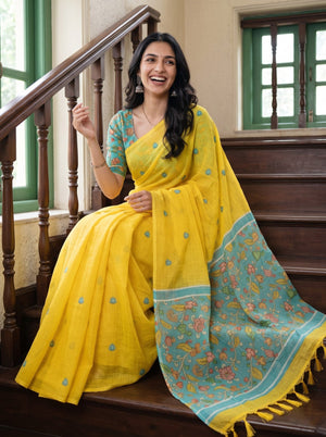 Cotton Yellow Saree with Teal Kalamkari Print Pallu