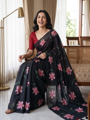 Organza Black Pink Lily Floral Print Saree with Tassels