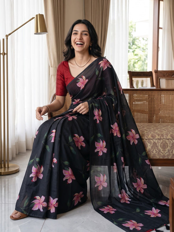 Organza Black Pink Lily Floral Print Saree with Tassels
