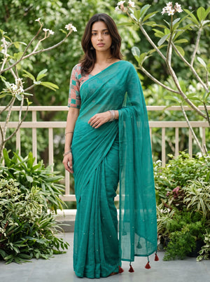 Chiffon Sea Green Scattered Sequin Dot Saree