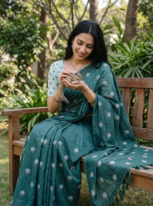 Cotton Bottle Green Saree with White Star Flower Print
