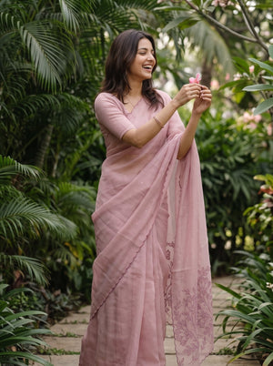 Linen Cotton Dusty Rose Saree with Floral Embroidery and Sequin Work