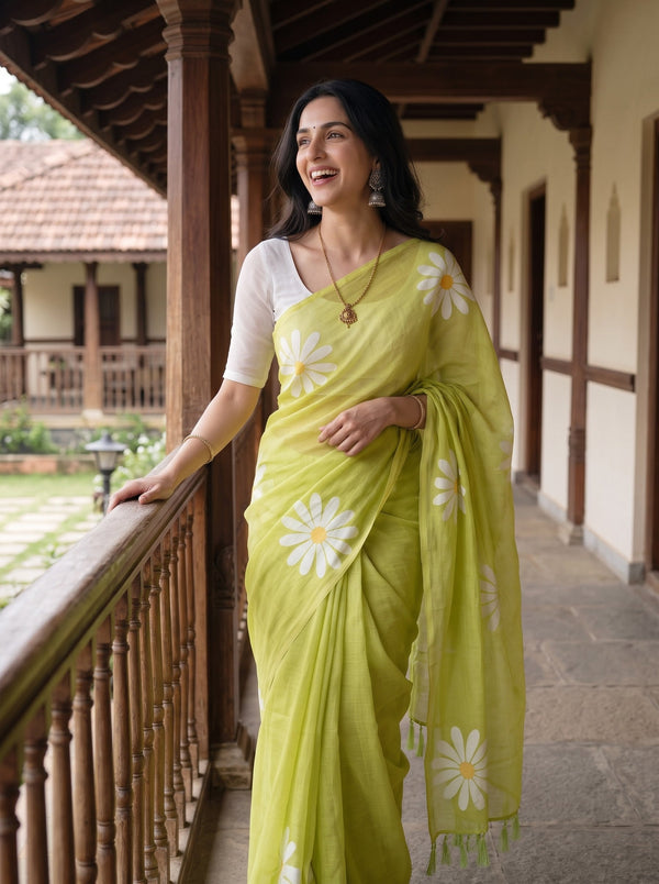 Cotton Yellow Green Saree with White Daisy Flower Print