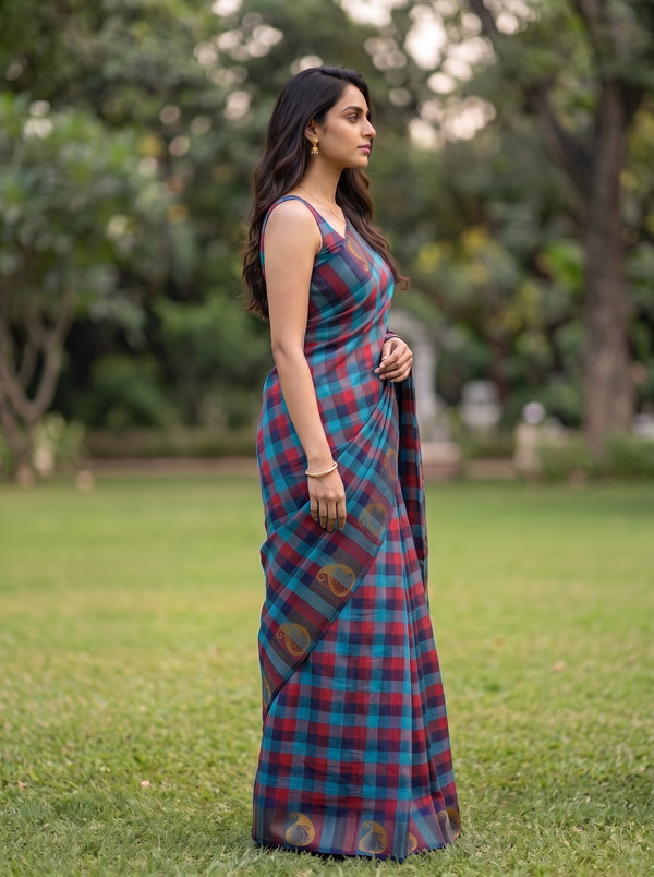 Cotton Teal Red Plaid  Madras Kattam Saree with Gold Paisley Border