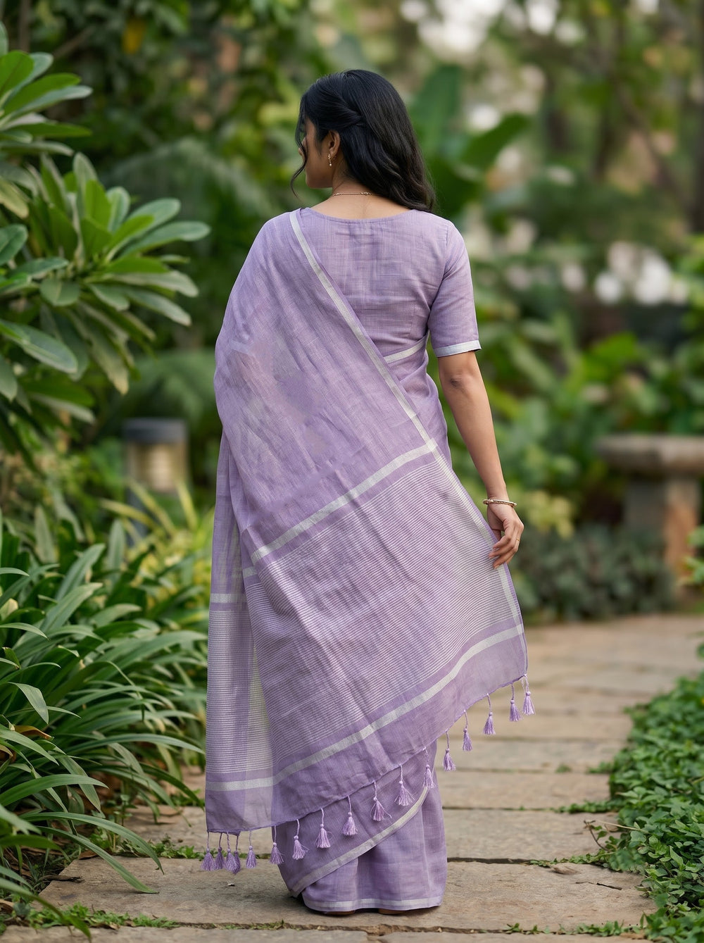Pure Linen Lavender Saree with Silver Pinstripe Pallu
