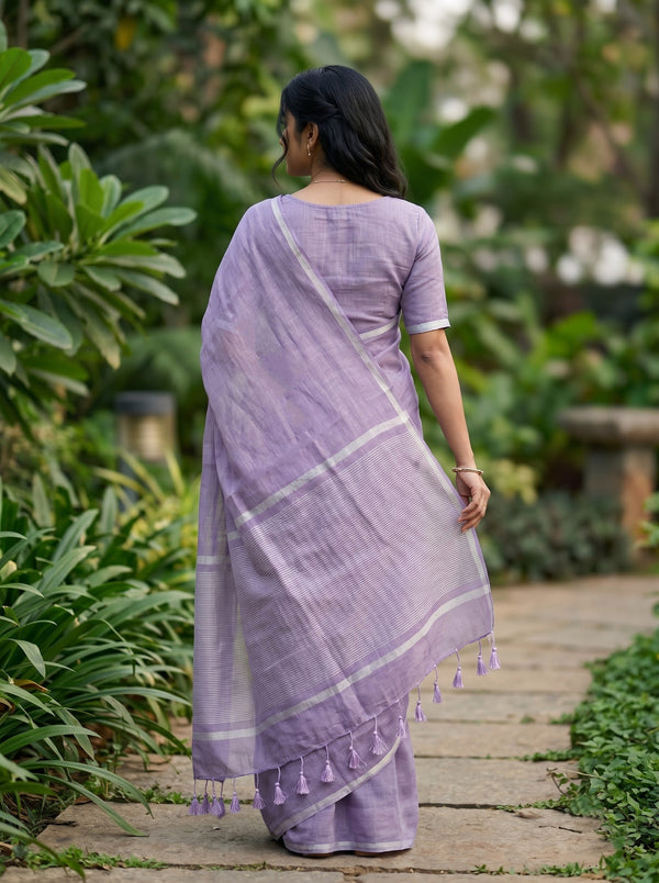 Pure Linen Lavender Saree with Silver Pinstripe Pallu
