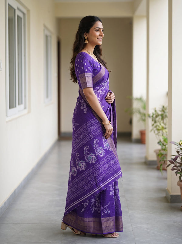 Synthetic Violet Floral Branch Print Saree with Sequin Work and Zari Border