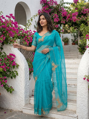 Organza Peacock Blue Saree with Golden Zari Rosette Border