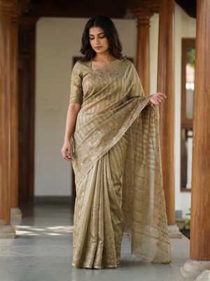 Tissue Beige Botanical Floral Embroidered Saree