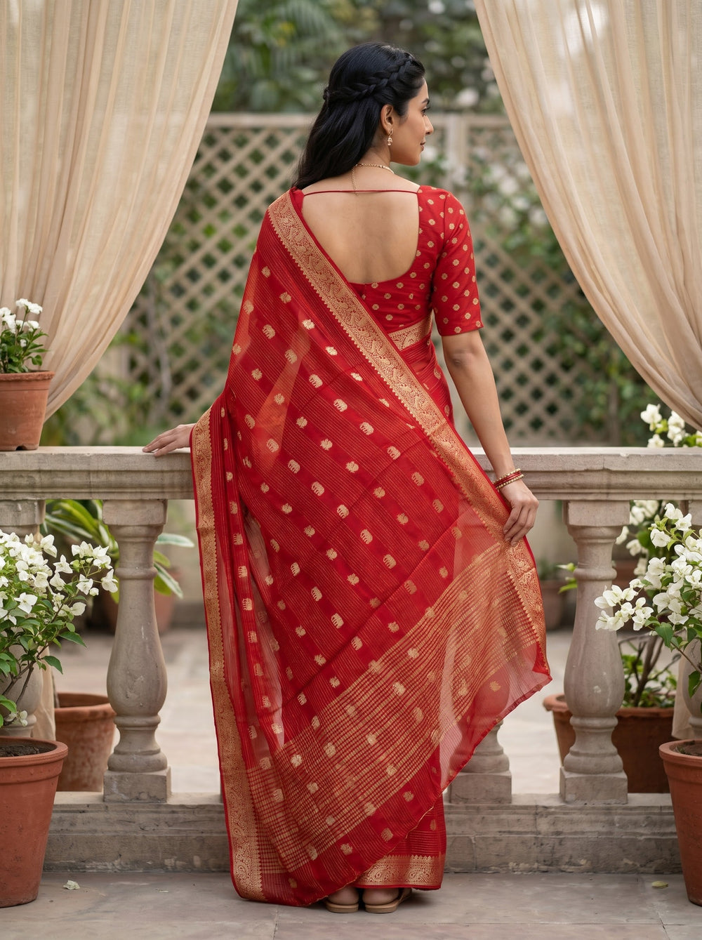 Semi Georgette Banarasi  Red Gold Zari Elephant Motif Paisley Border Saree