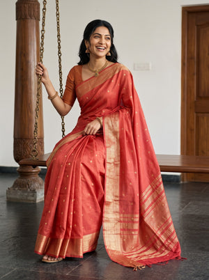 Chanderi Red Zari Coin Motif Saree