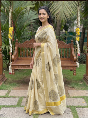 Tissue Cream Gold Circular Ginkgo Leaf Print Onam Special Kerala Saree