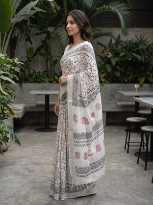 Linen White Block Print Saree with Black Zigzag Border and Red Floral Vines