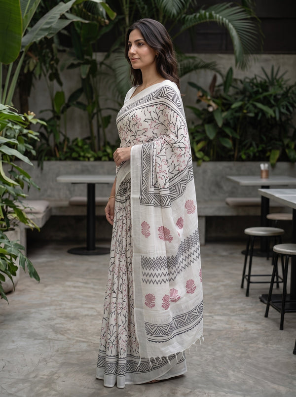 Linen White Block Print Saree with Black Zigzag Border and Red Floral Vines