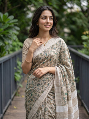 Chanderi Cotton Beige Tribal Scenic Beaded Print Saree with Striped Pallu