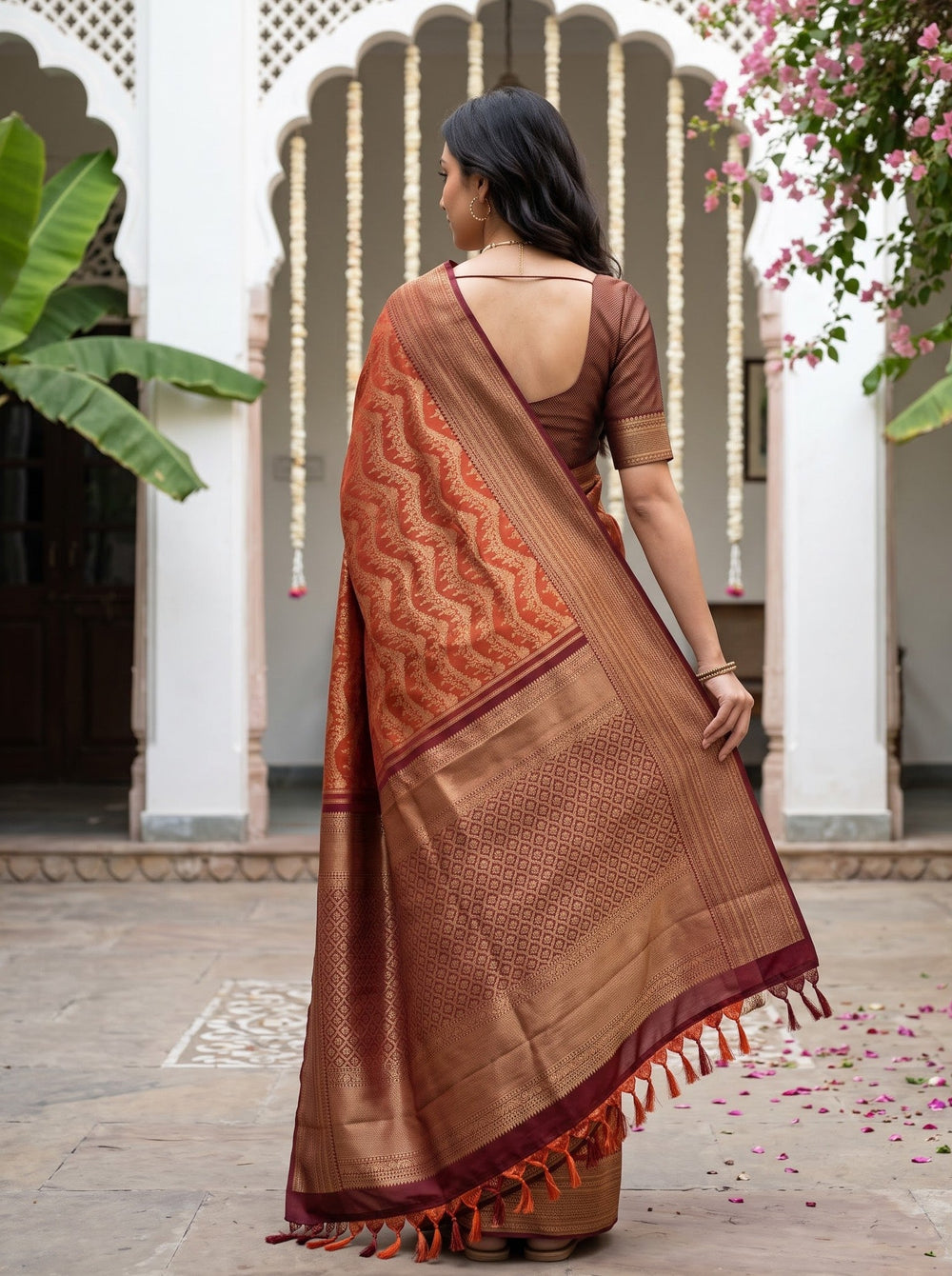 Kanjivaram Brocade Saree in Rust Orange with Maroon Diamond Lattice Pallu