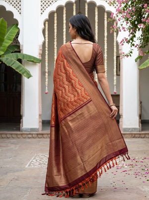 Kanjivaram Brocade Saree in Rust Orange with Maroon Diamond Lattice Pallu