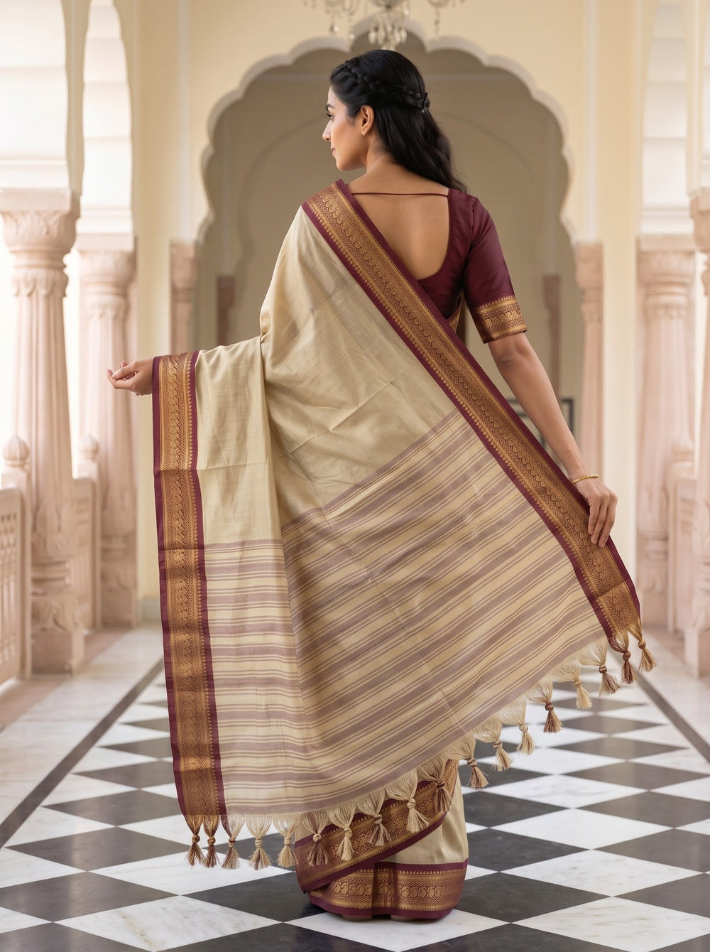 Semi Silk Beige Cream Pinstripe Saree with Maroon Zari Border