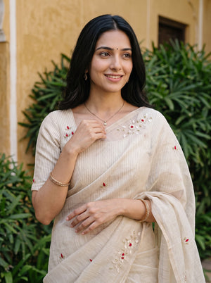 Tissue Cream Saree with Red Floral Embroidered Motifs and Striped Zari Pallu