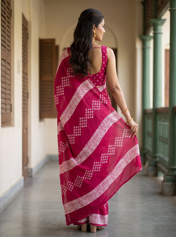 Synthetic Crimson Bandhej Print Saree