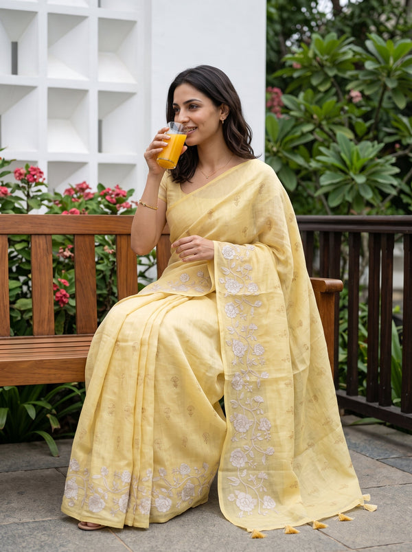 Linen Mustard Yellow Contrast Floral Vine Embroidered Saree with Tassels