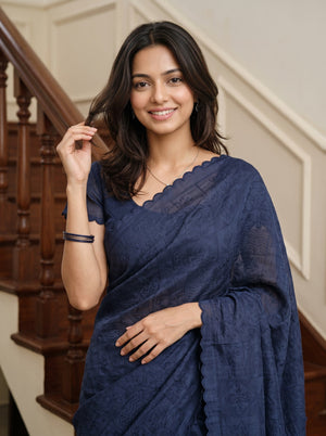 Semi Tussar Navy Blue Saree with Self-Pattern Floral Design and Scalloped Border