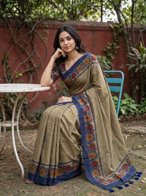 Cotton Beige Saree with Floral Print and Navy Blue Border