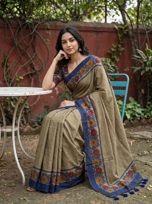 Cotton Beige Saree with Floral Print and Navy Blue Border